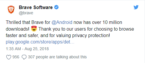 از این‌که Brave برای اندروید به 10 میلیون دانلود رسیده است هیجان زده‌ایم! از شما کاربران بخاطر انتخاب مرورگری سریع‌تر و امن‌تر برای حفاظت از حریم شخصی متشکریم!