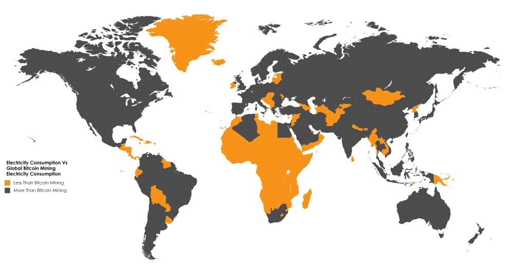 مصرف صنعت استخراج بیت کوین در مقایسه با کشور‌های جهان